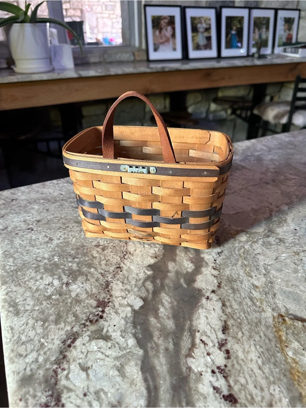 Longaberger Tan and Dark Brown Handwoven Basket with Single Handle